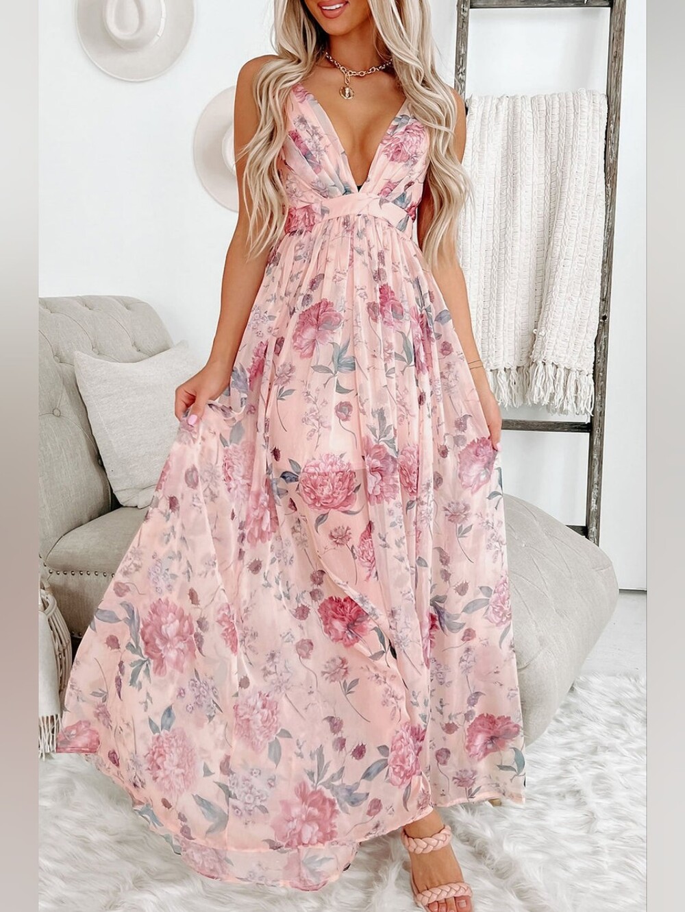 Blushing Peony Pink Floral Sleeveless Maxi Dress With V-Neck - Picture 9 of 11